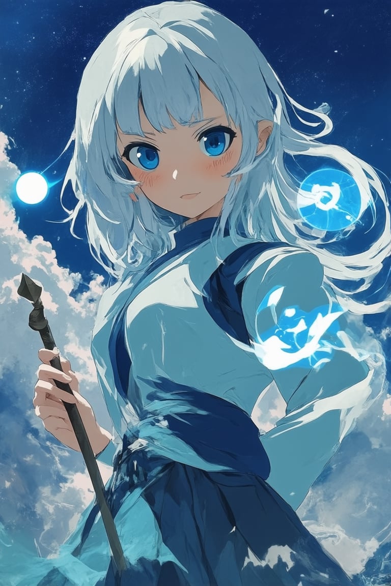 Vibrant anime-inspired artwork featuring a young girl with flowing silver hair and piercing blue eyes, set against a stylized background of swirling clouds and mystical orbs. Her pose exudes confidence, standing with one hand on her hip and the other holding a glowing staff. The MixStyle aesthetic is evident in the blend of traditional Japanese elements with modern digital artistry, creating a dreamlike atmosphere.