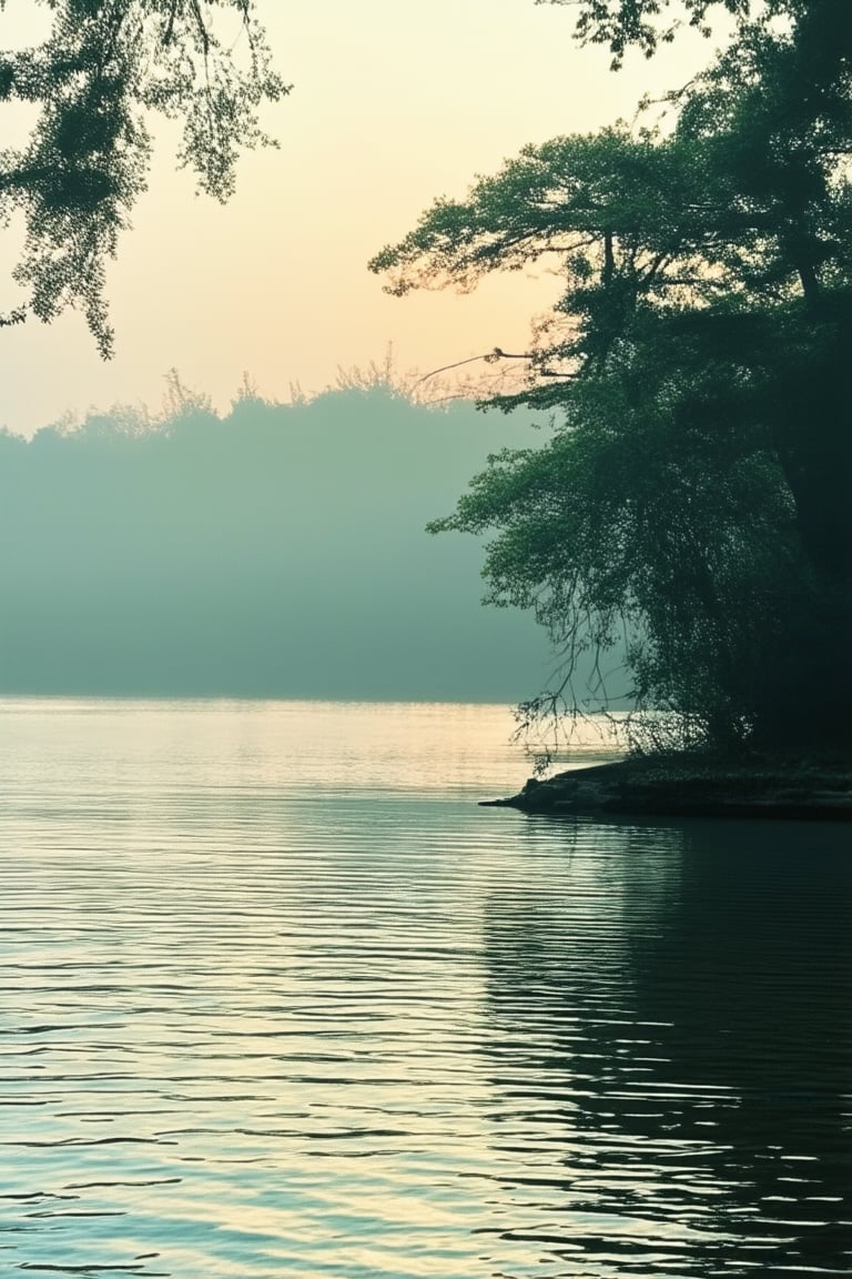 A serene Mandana Koka lake scene at dawn, with misty fog hovering above the tranquil waters, surrounded by lush greenery and towering trees. A gentle ripples on the surface, as the sun's warm rays peek through the veil of clouds, casting a soft golden light.