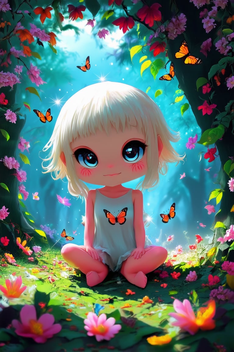 A whimsical illustration of a chibi character sitting on a colorful, mystical forest floor amidst fluttering butterflies and blooming flowers, with a mischievous grin and sparkling eyes, surrounded by wispy vines and leaves, the character's small size emphasizing their endearing features, with a soft, dreamy lighting illuminating the scene.