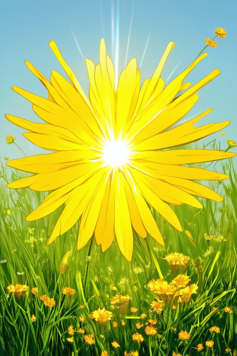 A bright sunbeam illuminates a vibrant yellow Solak, its petals radiating warmth and energy as it blooms in a lush green meadow. Framed by a delicate dance of wildflowers, the Solak's center bursts forth with a golden glow, surrounded by gentle ripples in the grass.