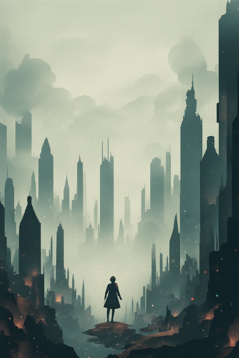 A dreamlike anime landscape unfolds: swirling clouds of iridescent mist envelop a cityscape of intricately detailed towers and pagodas. A lone figure, dressed in flowing silks, floats amidst the vapor, their features obscured by a veil of shimmering particles. The air is heavy with an otherworldly glow, as if the very fabric of reality has been woven into this surreal tapestry.