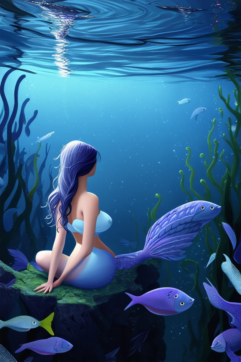 A serene underwater scene: A gentle mermaid, her long hair flowing like seaweed, sits cross-legged on a rocky outcropping, surrounded by shimmering schools of fish. The ethereal quality is enhanced by the soft blue light filtering through the water, casting an otherworldly glow on her features. DeepBlue hues dominate the atmosphere, with subtle hints of purple and green.