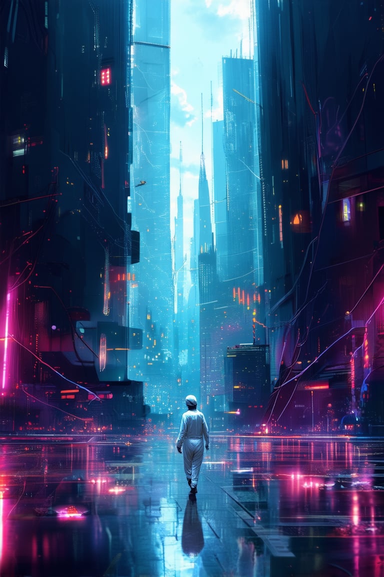 A futuristic cityscape at dusk, with sleek skyscrapers and neon lights reflecting off the wet pavement. A random design of scattered circuit boards and wires fills the foreground, with a lone figure in the distance, dressed in a flowing white jumpsuit, walking towards the chaos. The sky is a deep shade of indigo, with streaks of purple and pink hues.