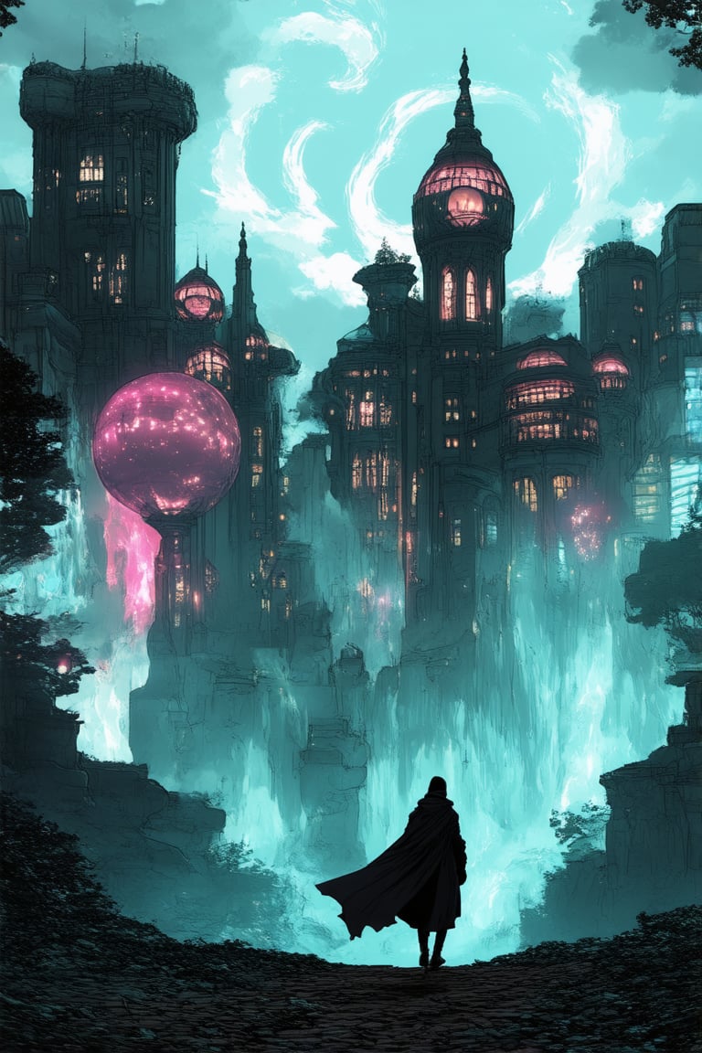 A dreamlike scene: a surreal landscape with swirling clouds of iridescent mist enveloping a cityscape at dusk, where buildings morph into fantastical shapes and trees sprout glowing orbs. In the foreground, a lone figure in a flowing cloak walks backwards, arms outstretched, amidst a vortex of colorful lights and whispers.