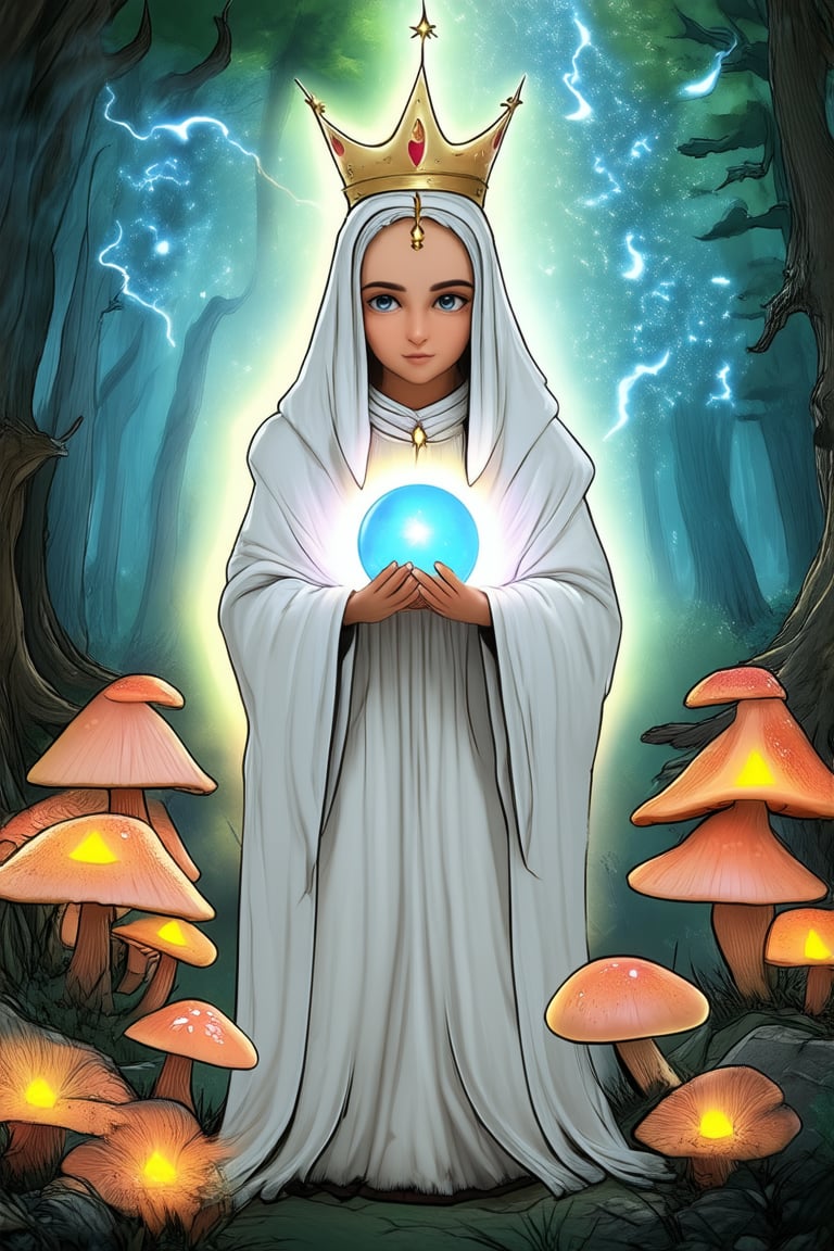 A mystical mama stands in a misty forest, surrounded by towering trees adorned with glowing mushrooms. She wears a flowing white cloak and a crown of twinkling stars, her eyes aglow with an otherworldly wisdom. Her hands cradle a glowing crystal orb, as she surveys the mystical energies swirling around her.