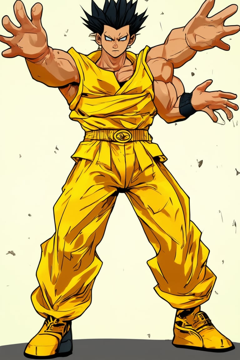 A vibrant yellow hue dominates the frame, with Solak's energetic figure standing center stage. The bright color of their outfit pops against a neutral background, drawing attention to their dynamic pose as they strike a powerful stance, arm outstretched and leg cocked back, exuding confidence and warmth.