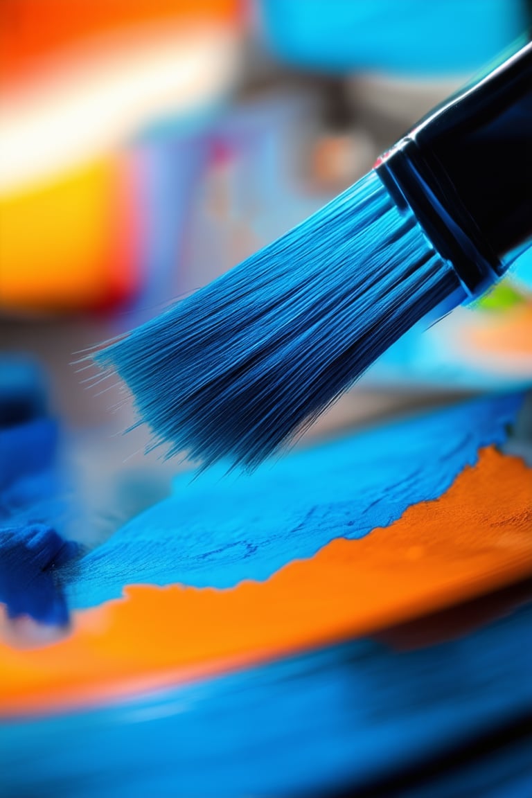 A close-up shot of a painter's brush dancing across a canvas, swirling vibrant colors in a mesmerizing effect. The brushstrokes radiate with electric blue and orange hues, as if infused with an otherworldly energy. Soft focus highlights the brush's dynamic movement, set against a blurred background of artistic chaos.