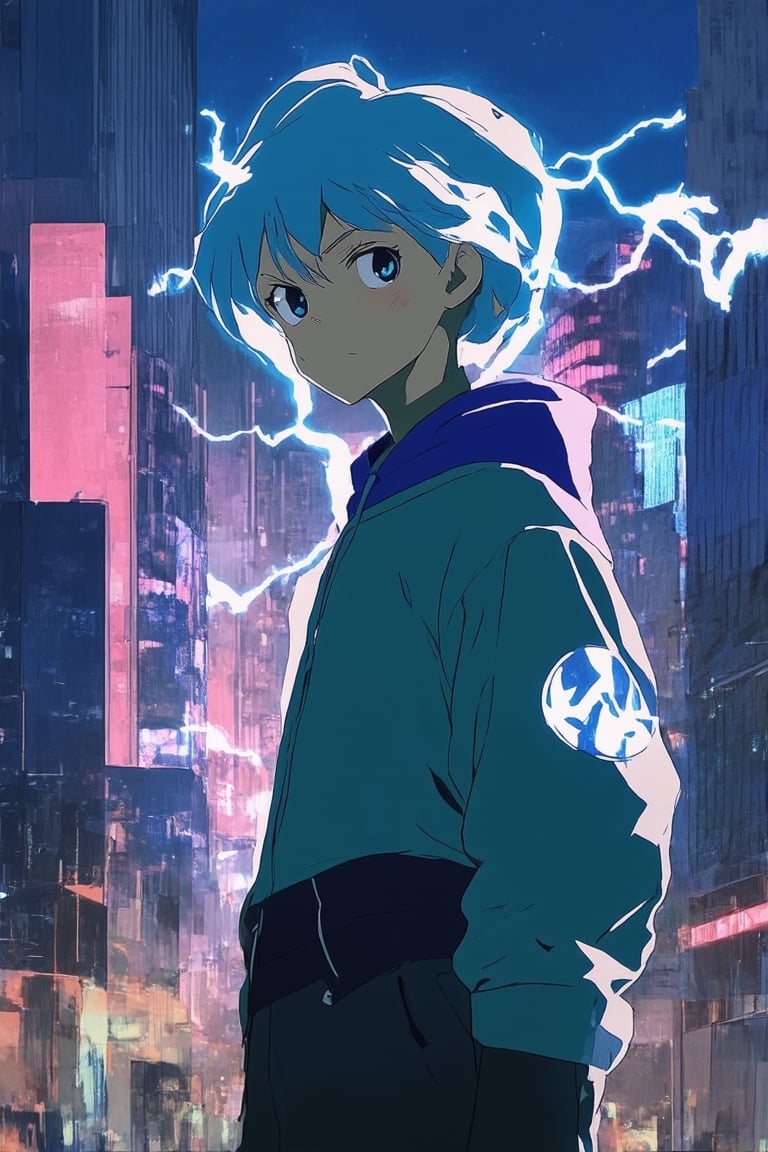 A vibrant anime scene with a MixStyle twist! A young protagonist, dressed in trendy streetwear, stands confidently in front of a neon-lit cityscape at dusk. Soft pastel hues blend with bold digital accents, creating a mesmerizing visual effect. The subject's pose exudes empowerment as they gaze out at the bustling metropolis, with a subtle glow surrounding their form, as if infused with electric energy.