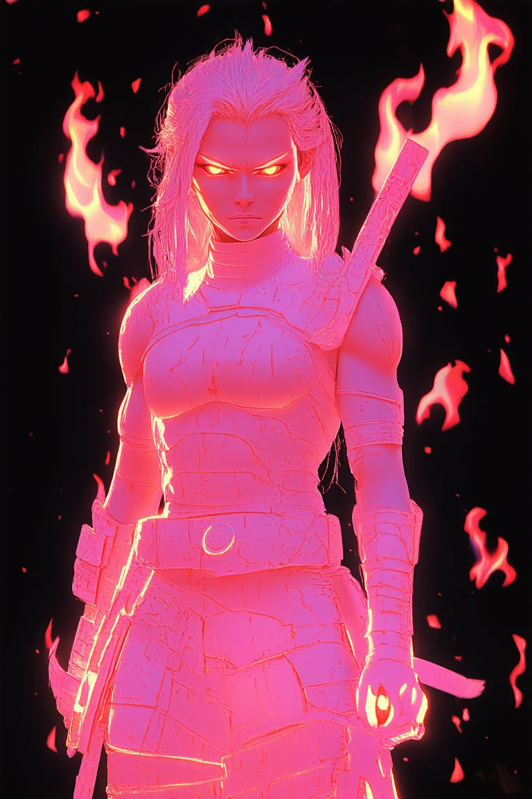 A vivid pink hue dominates the frame as a fierce warrior woman stands boldly in the foreground. Her eyes blaze with determination beneath a striking pink-tinted gaze, her fiery locks ablaze like the surrounding flames that crackle and pop in the background. The composition is sharp and edgy, with the warrior's muscles rippling beneath her skin as she prepares for battle.