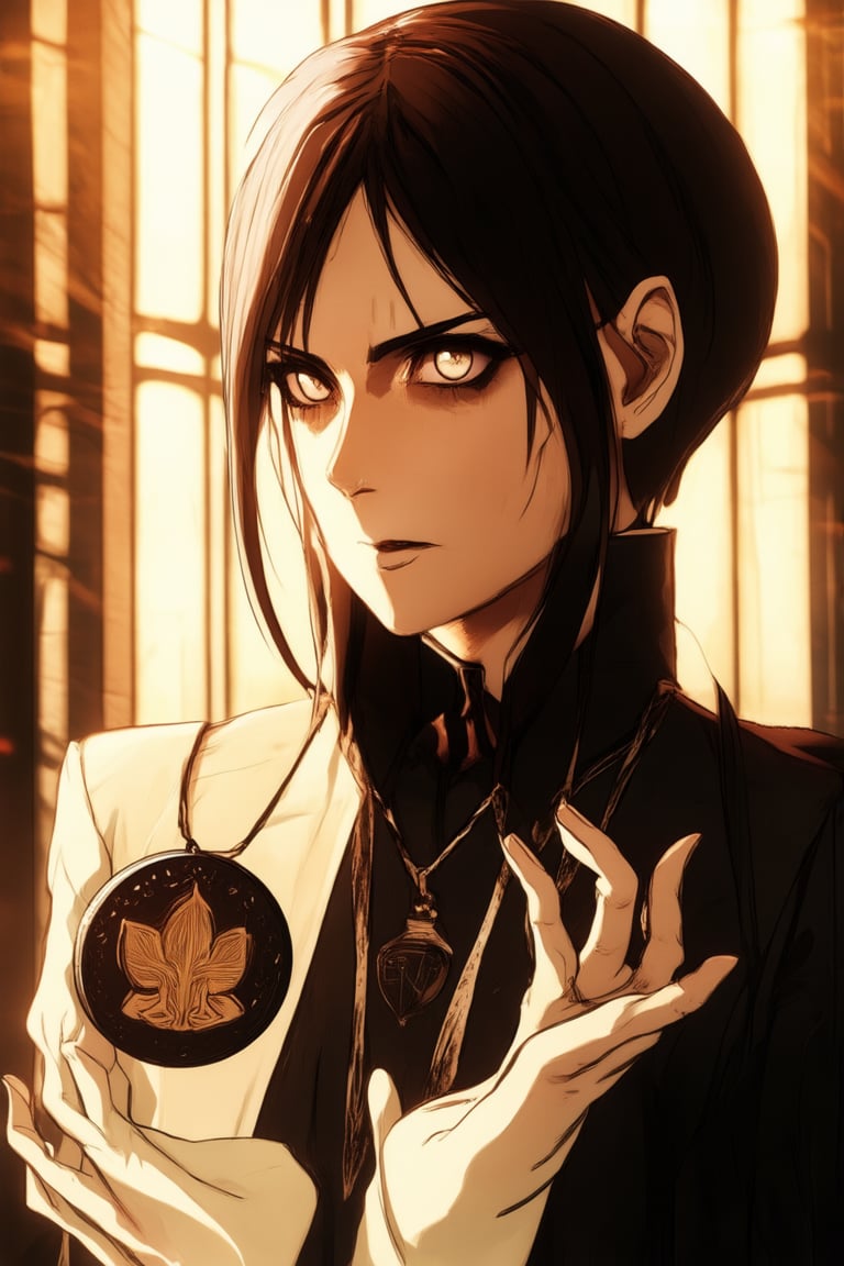 A close-up shot of Flat's determined face, a hint of steel in her eyes as she holds up the symbol of her honor, the flat disk-shaped medallion Chara, against a warm, golden-lit background. Her expression is resolute, jaw set, and fingers firm around the medal.