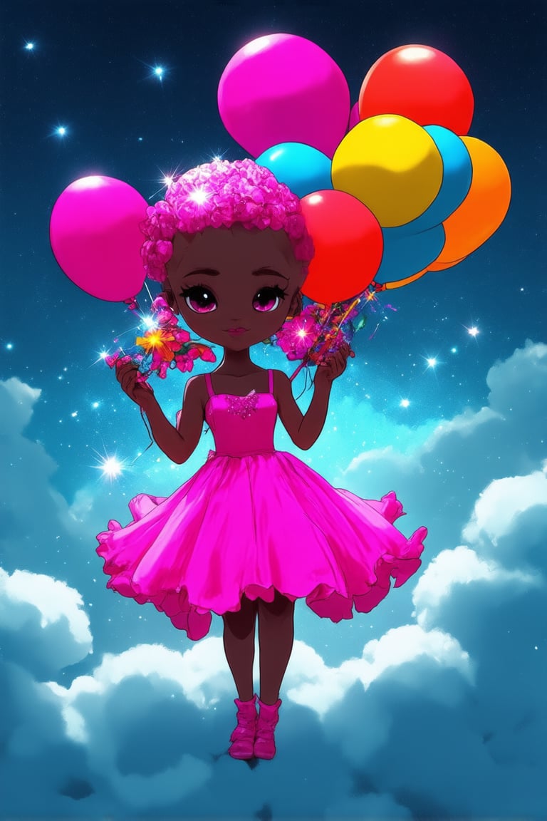 A vibrant illustration of a chibi character: a diminutive, stylized figure with exaggerated features, perched on a cloud-soft background of fluffy white and pale blue hues. The character's bright pink dress billows outwards as they pose playfully, one hand grasping a sparkly wand, the other holding a bouquet of colorful balloons. Soft sunlight casts a warm glow, emphasizing their childlike charm.