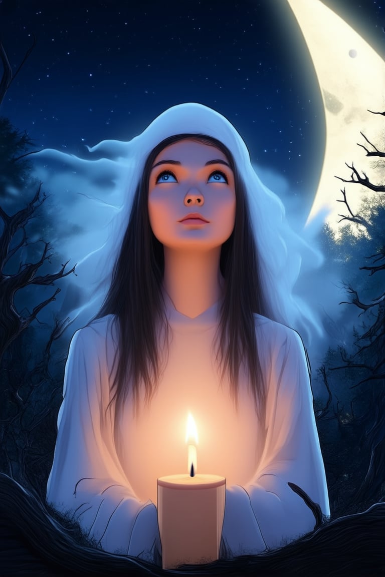 Mysterious woman with ethereal aura, surrounded by wispy mist, gazes upwards at a crescent moonlit sky, her face aglow with an otherworldly glow. Soft candlelight illuminates the mystical mama's serene expression, as she stands amidst ancient forest trees, their gnarled branches reaching towards the celestial body like nature's own wisps of magic.