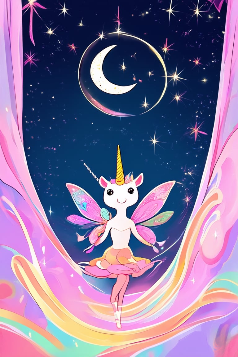 A whimsical illustration of a mystical realm within a flat art style, featuring fantastical creatures and vibrant colors. A crescent moon glows softly in the dark blue sky as a trio of fairies dance amidst a swirling vortex of glittering stars. The composition is balanced by the inclusion of a majestic unicorn's head peeking out from behind a wispy curtain of sparkling mist.