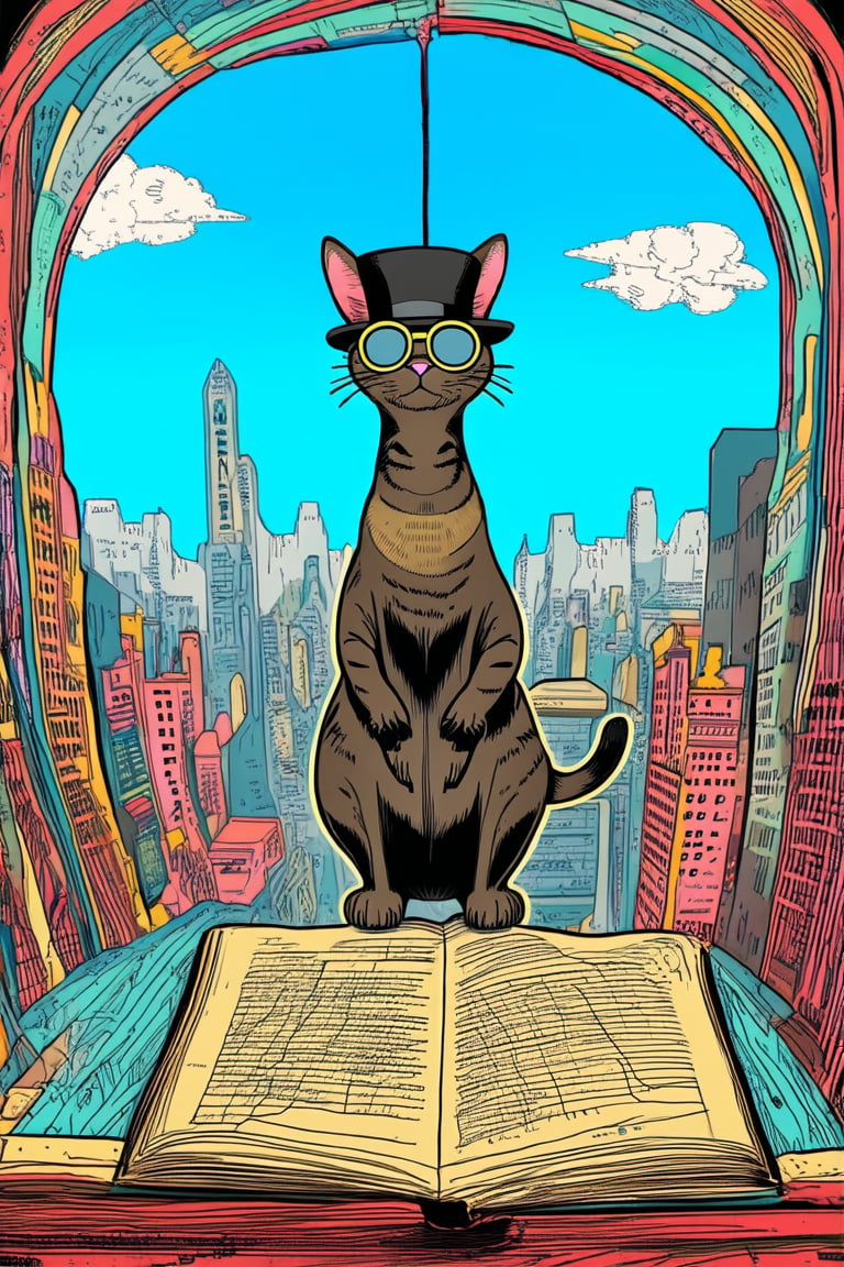 A whimsical illustration of a fantastical cityscape, where buildings stretch out like flat paper cutouts in a kaleidoscope of colors, against a bright blue sky with wispy white clouds. In the foreground, a curious cat stands on its hind legs, wearing a top hat and monocle, examining a vintage map spread before it.