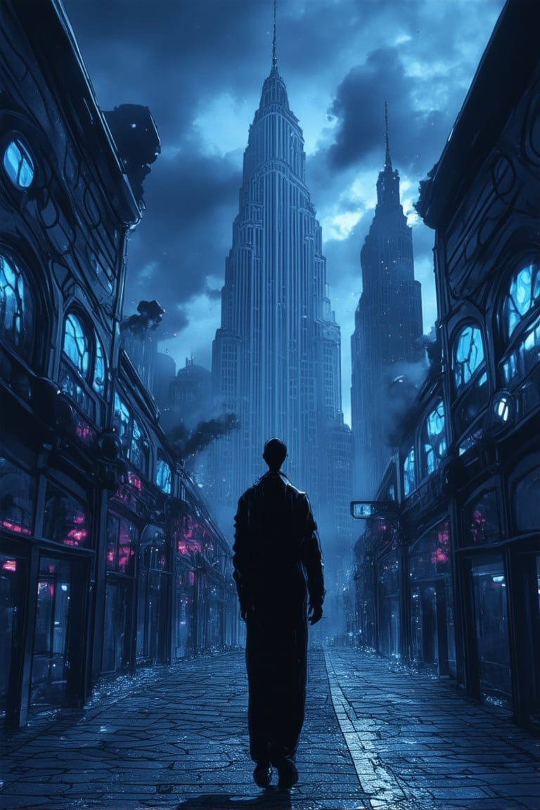 A dimly lit, neon-drenched alleyway at dusk. A lone figure, dressed in a sleek black jumpsuit, stands amidst a haze of fog and smog. Glowing blue circuits adorn their face, as they gaze up at a towering skyscraper, its windows a kaleidoscope of color. The air is thick with the hum of hovercars and the distant thrum of synthesizers.