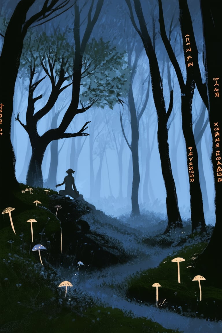 A whimsical ink illustration of a mystical forest at dusk, where towering trees with gnarled branches stretch towards the sky, their leaves glistening with dew. A lone figure, shrouded in mist, sits cross-legged on a moss-covered rock, surrounded by glowing mushrooms and ancient runes etched into the tree trunks.