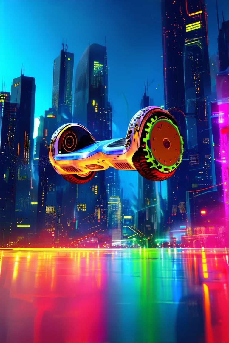 A vibrant, futuristic cityscape at dusk, with neon lights reflecting off a sleek, silver hoverboard suspended mid-air. A whimsical design concept featuring swirling patterns of circuit boards, gears, and wires in shades of electric blue, hot pink, and neon green. The background is a gradient of deep blues and purples, evoking a sense of infinite possibility.