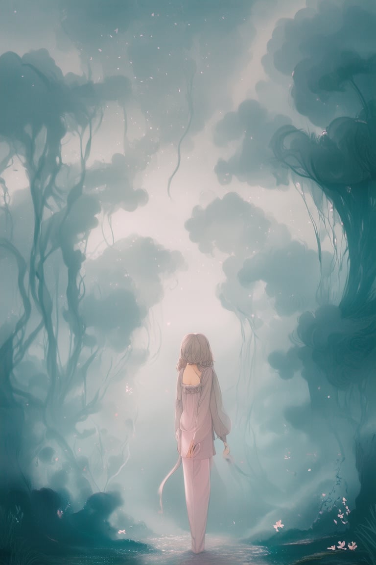 A dreamlike scene unfolds: a delicate anime-inspired figure with intricately designed hair and clothing stands amidst a surreal landscape of swirling clouds and ethereal mist. Soft pink and blue hues illuminate the setting, casting a mystical glow on the subject's serene expression as they gaze out at an endless expanse of wispy tendrils.