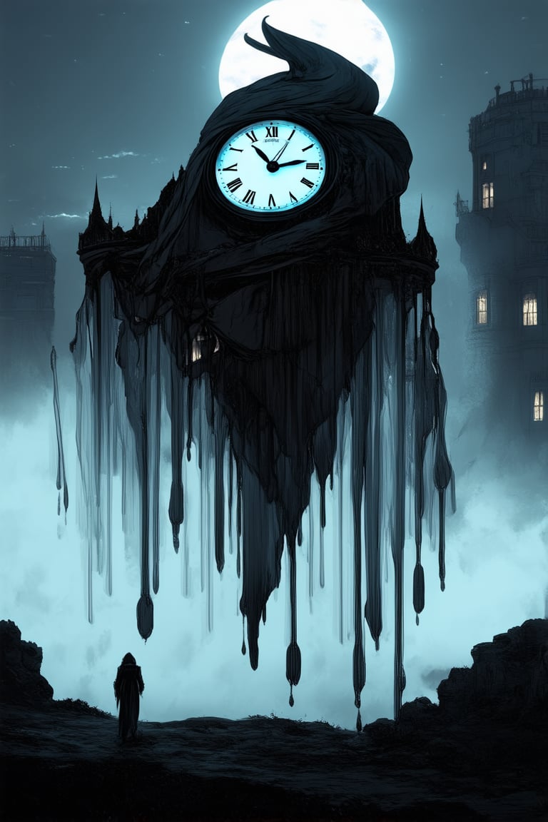 A dreamlike scenario unfolds: a melting clock drips with iridescent paint, set against a misty cityscape at dusk. The clock's face contorts into a twisted smile, as if it's being consumed by the surrounding fog. A lone figure, shrouded in shadows, approaches the scene, their features obscured by a veil of translucent fabric.