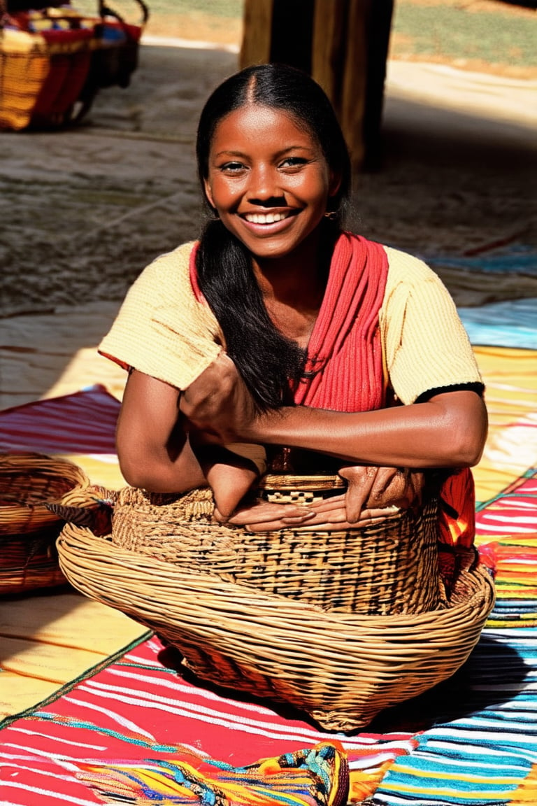 A serene Mandana Koka, a traditional Ethiopian basket-weaving technique, is depicted in a warm golden light. The subject sits cross-legged on a colorful woven mat, surrounded by an assortment of vibrant baskets and intricately patterned textiles. Soft shadows accentuate the gentle curves of the baskets and the subtle smile on the subject's face.