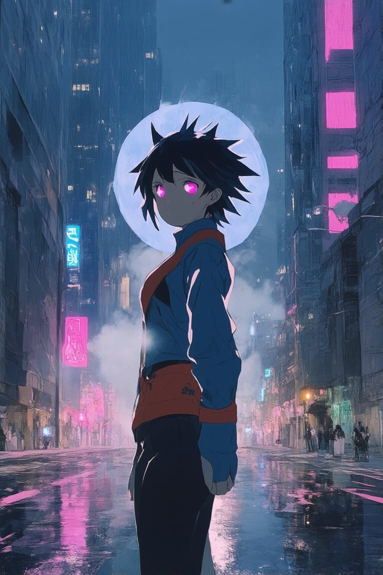 A vibrant illustration of a fantastical cityscape at dusk, with neon lights reflecting off wet asphalt roads and misty fog rolling in. A young woman with short, spiky hair and bold, colorful attire stands atop a skyscraper, her eyes glowing with an ethereal aura as she gazes out upon the metropolis. Anime-inspired characters mingle in the background, amidst stylized architecture and whimsical details.