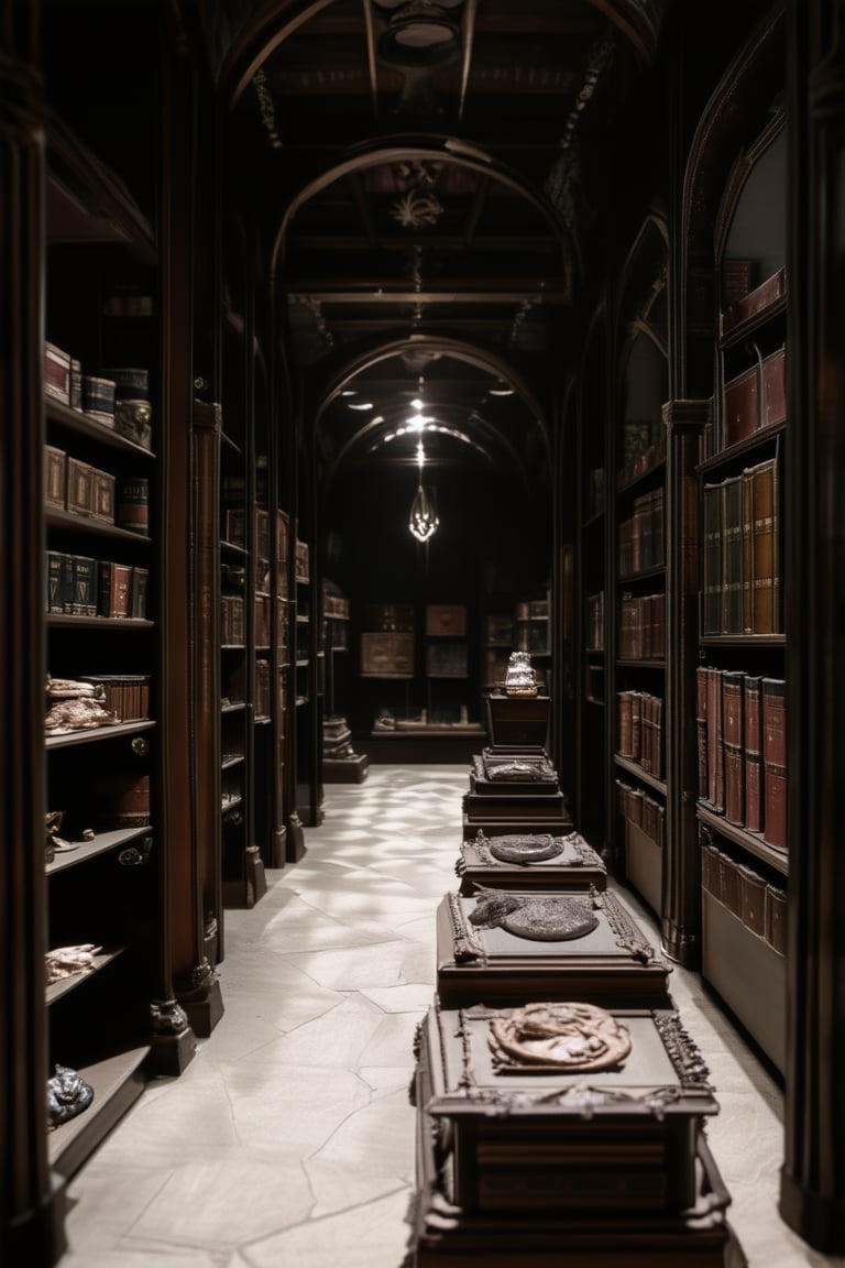 A dimly lit, ancient museum gallery showcases a collection of mystical artifacts from bygone eras. Shelves lined with dusty, leather-bound tomes and peculiar relics cast long shadows on the stone floor. A lone, ornate lantern hangs above the main exhibit, its soft glow illuminating a centuries-old, gemstone-encrusted sarcophagus at center stage.