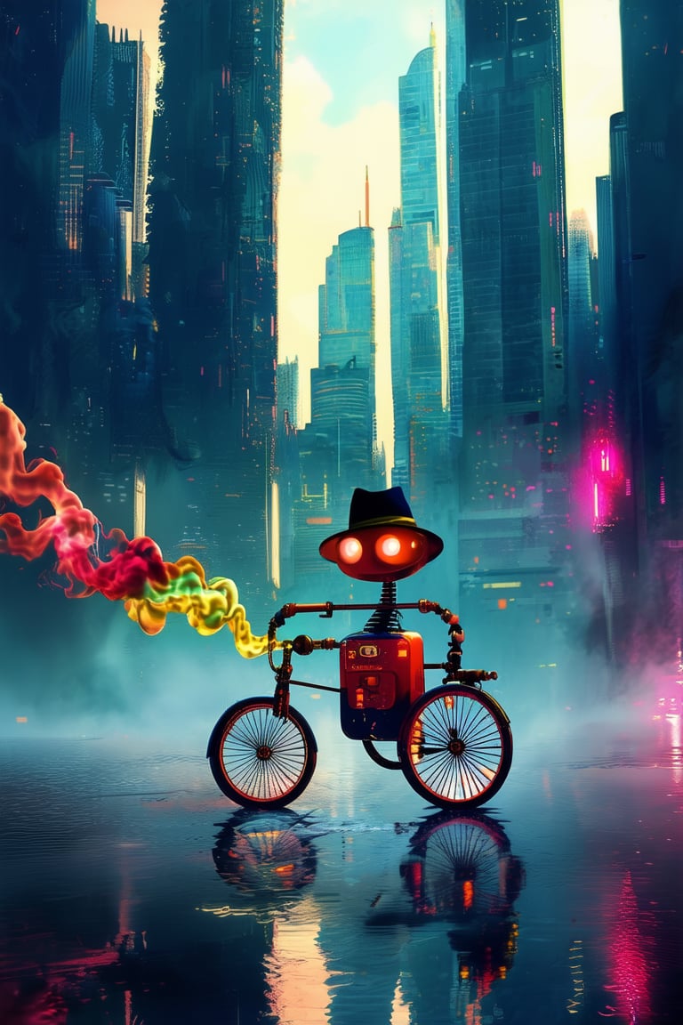 A futuristic cityscape at dusk, with sleek skyscrapers and neon lights reflecting off a misty lake. In the foreground, a quirky robot stands atop a vintage bicycle, wearing a fedora and holding a peculiar contraption that emits a swirl of colorful smoke. The framing emphasizes the robot's curious gaze, while the composition showcases the city's vibrant energy.