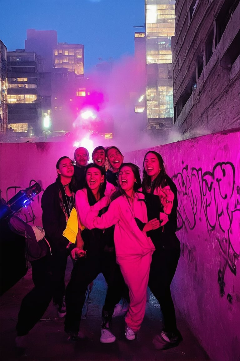 A neon-lit cityscape at dusk, with a kaleidoscope of colors dancing across the buildings and streets. A bright pink graffiti mural sprawls across a concrete wall, as a group of friends in bold, neon-hued outfits gather around it, laughing and posing for a photo shoot amidst a whirlwind of vibrant effects, including strobe lights and fog machines, creating an electrifying atmosphere.