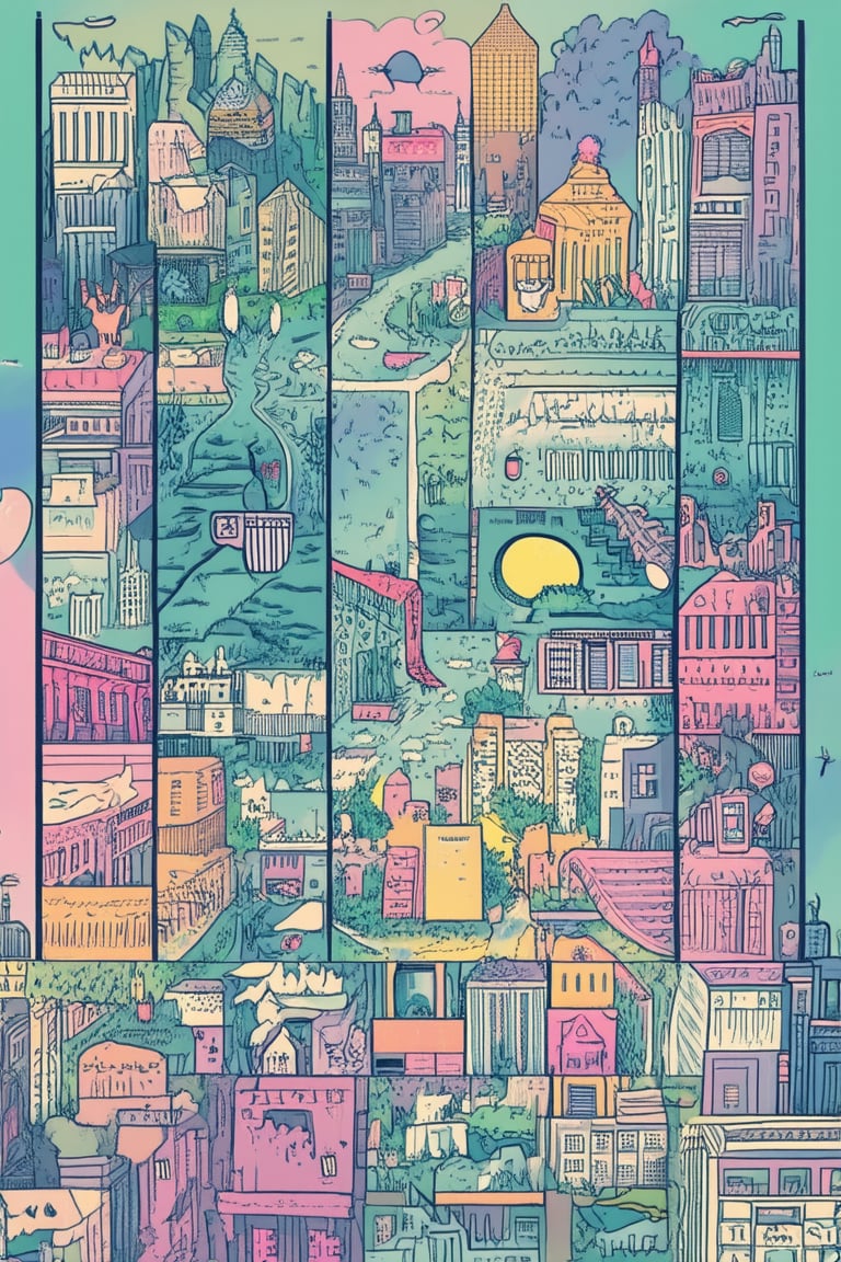 A whimsical illustration of a fantastical world unfolding in flat 2D design, featuring intricately detailed cityscapes, mystical creatures, and curious characters. The composition is divided into rectangular panels, each showcasing a unique scene or character. Soft pastel hues and subtle shading bring depth to the otherwise two-dimensional artwork.