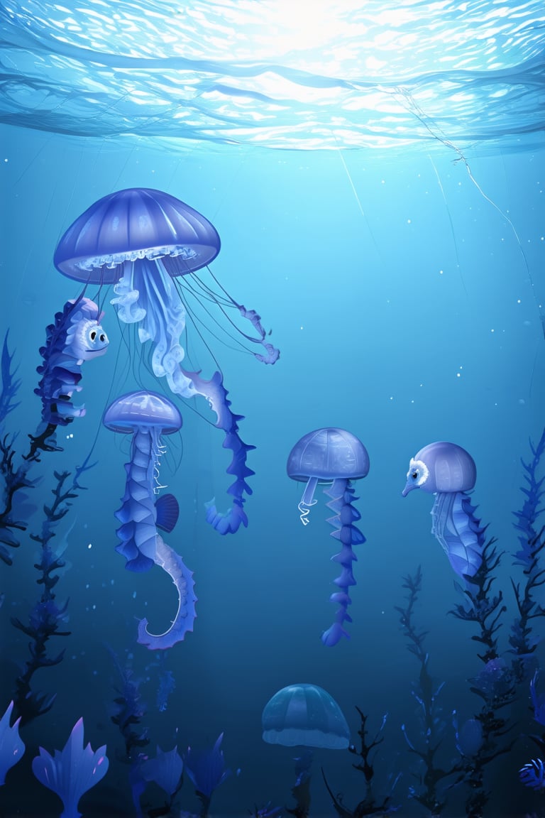 A serene underwater scene: a majestic deep blue sea stretches to the horizon, illuminated by soft sunlight filtering through the waves. Ethereal creatures, like jellyfish and seahorses, dance in the gentle current, their delicate forms suspended mid-water. A faint mist of bioluminescent organisms glows around them, casting an otherworldly aura over the tranquil setting.