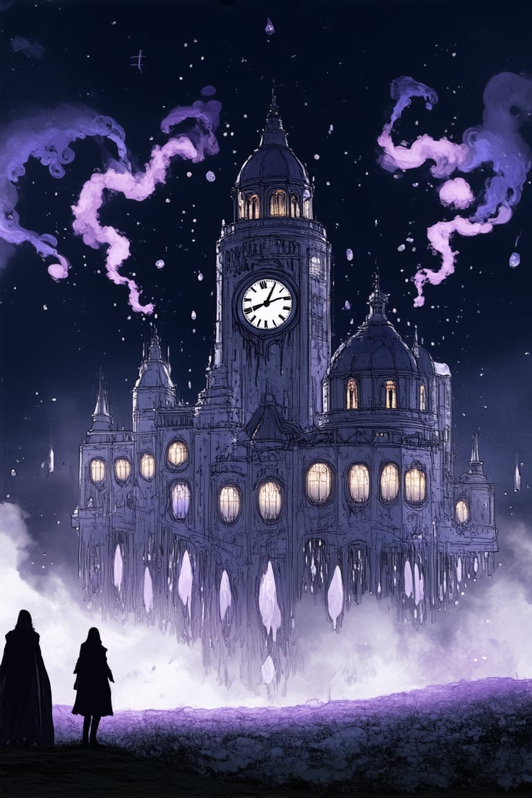 A dreamlike scene unfolds: a cityscape with melting clock towers, dripping like wax, amidst a foggy backdrop. A figure in the foreground, arms outstretched, is engulfed by a swirling vortex of purple smoke. The sky above is a deep shade of indigo, with stars twinkling like diamonds scattered across the canvas.