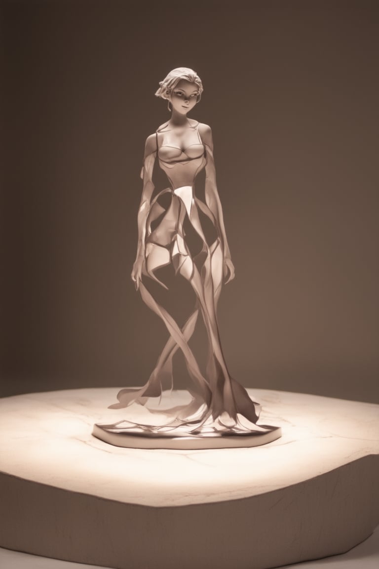 A still life setup with Flat's iconic 'Honor' figurine at its center. Soft, warm lighting illuminates the character's intricate details, casting a gentle glow on the surrounding surface. The figurine sits proudly atop a subtle, gradient-colored pedestal, surrounded by a minimalist background that emphasizes its sleek design. Chara's slender limbs and delicate features are captured in meticulous detail, as if frozen in time.