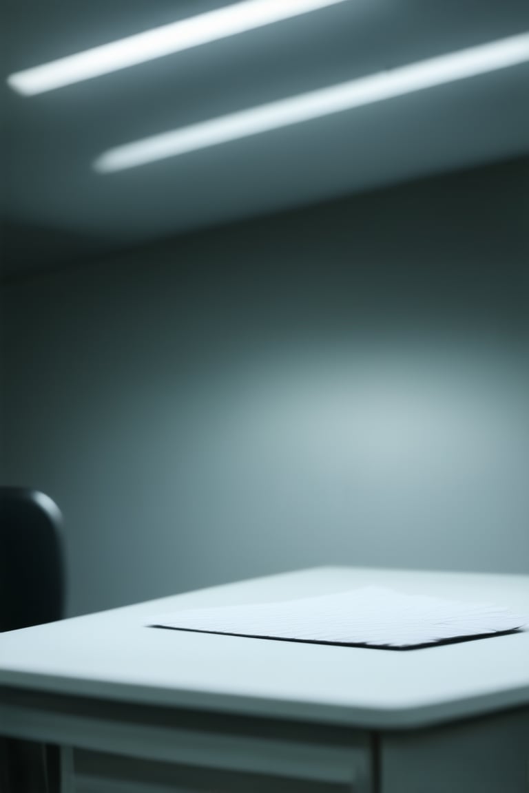 A close-up shot on a minimalist desk with a simple flat background, featuring a single white paper sheet with subtle texture and no visible creases. The surface is illuminated by soft overhead lighting, creating a clean and neutral ambiance.