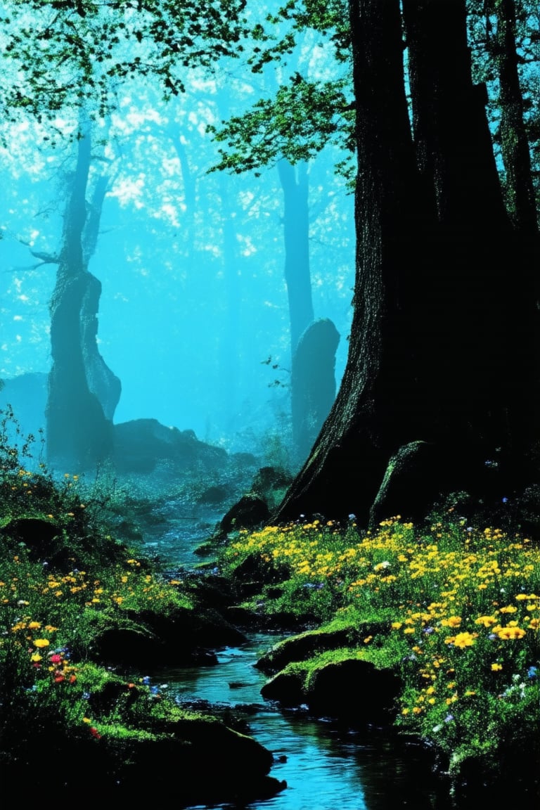 A serene Mandana koka landscape: Softly lit morning mist shrouds ancient trees, their gnarled branches stretching towards a bright blue sky. In the foreground, a gentle brook babbles as it winds its way through the forest floor, where wildflowers bloom in vibrant hues. The framing of the shot focuses on the tranquil atmosphere, with the koka tree's majestic trunk center stage.