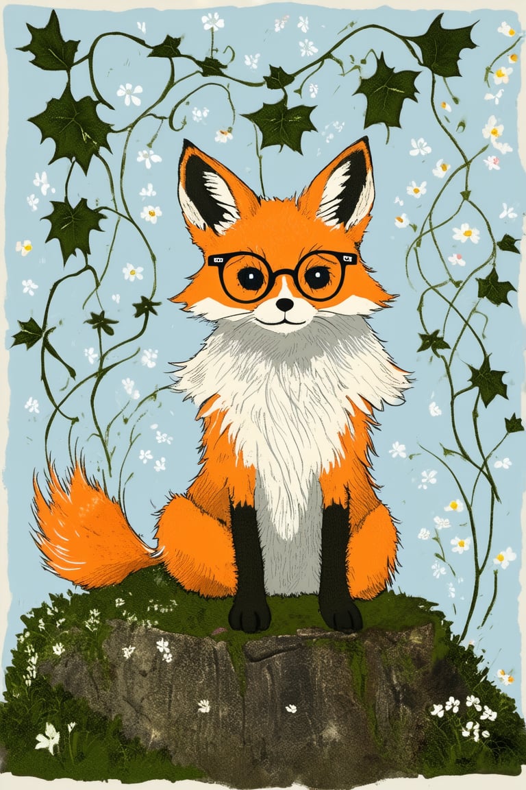 A whimsical ink illustration depicts a lone, bespectacled fox sitting cross-legged on a moss-covered stone, surrounded by wispy tendrils of ivy and delicate wildflowers. Soft, ethereal light filters through the foliage, casting intricate shadows on the stone as the fox's bushy tail twitches with contemplation.