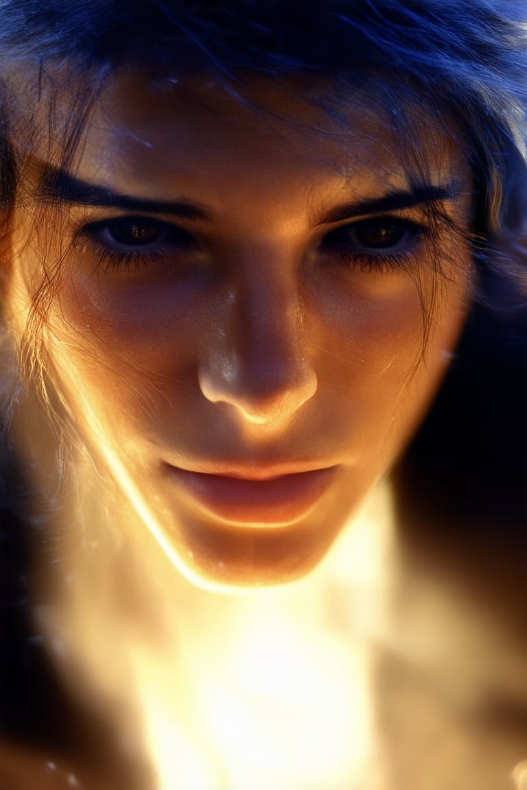 A dramatic close-up shot captures a person's intense facial expression, their eyes blazing with unbridled passion as they convey a sense of empowerment and confidence. Soft light illuminates their face, highlighting the contours of their features as they stand firmly in place, exuding an aura of strength and conviction.