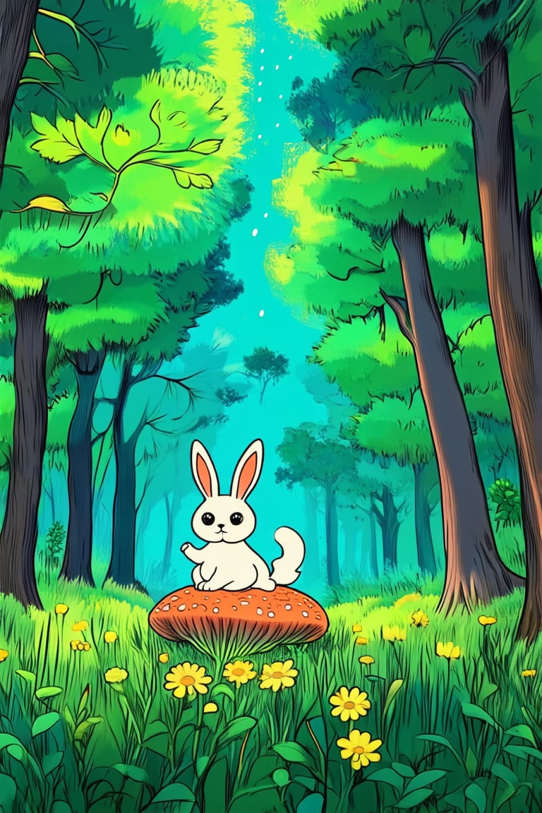 A vibrant flat 2D illustration featuring a whimsical forest scene with towering trees and lush foliage in shades of emerald green and sky blue. A curious rabbit with bright brown eyes and fluffy white tail perches on a mushroom, surrounded by delicate wildflowers and morning dew. Soft, warm light casts gentle shadows, emphasizing the illustration's playful and dreamy atmosphere.