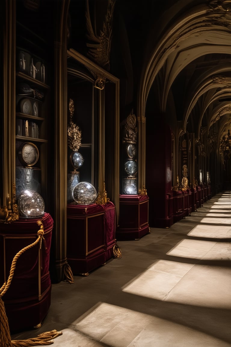 A dimly lit museum hallway, adorned with intricate ancient carvings, leads to a mystical exhibit. Shelves lined with dusty artifacts and mysterious relics cast long shadows on the stone floor. A velvet rope separates visitors from the main attraction: an ornate, gilded display case holding a glowing crystal sphere. Soft, golden lighting highlights the relic's ethereal glow.