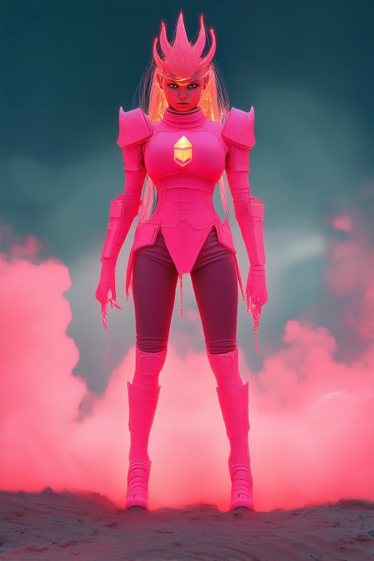 A fiery pink hue dominates the frame as a fierce warrior woman stands tall, her piercing gaze radiating confidence and strength. Her vibrant pink armor glows in the warm sunlight, casting a golden glow on the dusty terrain behind her. A swirling vortex of pink mist rises from her feet, symbolizing her unyielding power.