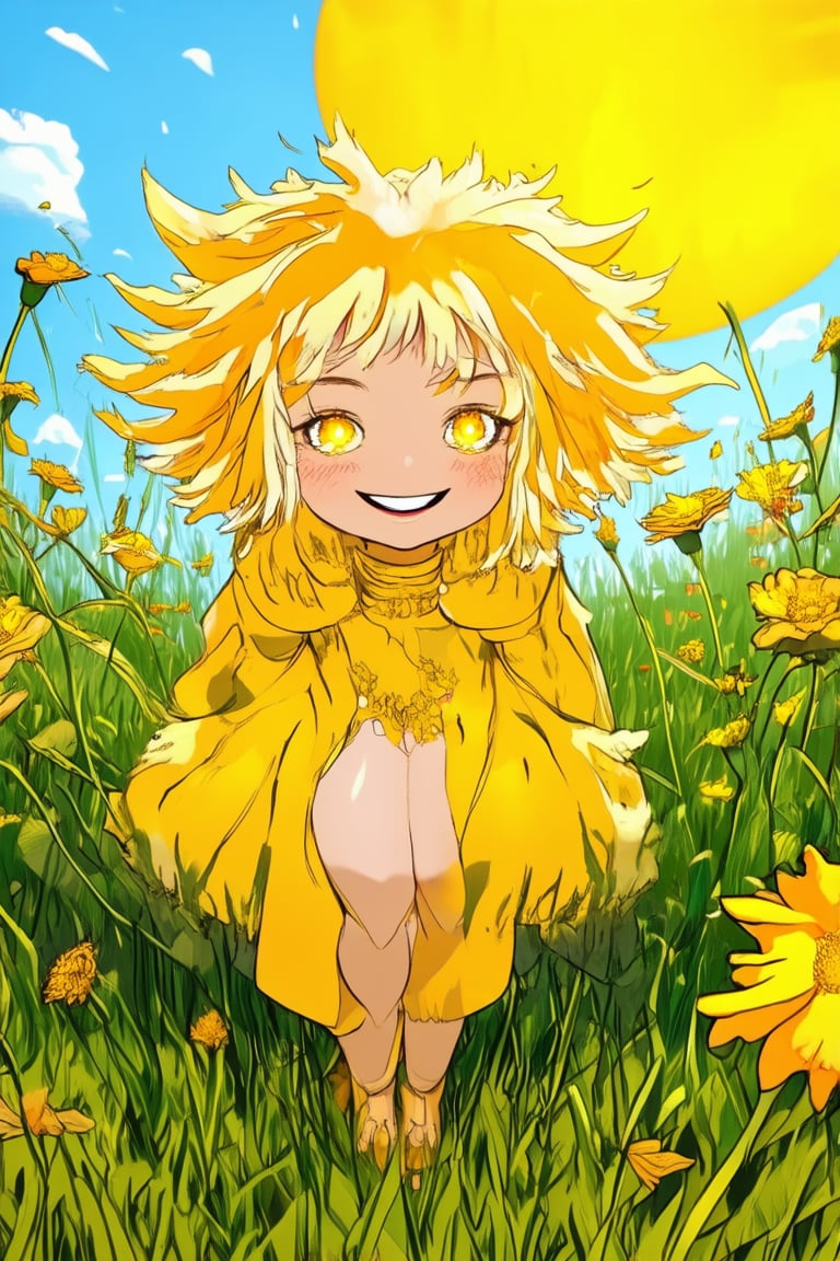 Vibrant yellow sunlight illuminates Solak's bright smile as she stands in a lush meadow, surrounded by blooming flowers. Her eyes sparkle with joy, framed by sun-kissed highlights and soft, fluffy hair. A warm glow radiates from her skin, complementing the rich yellow hue of the grass beneath her feet.