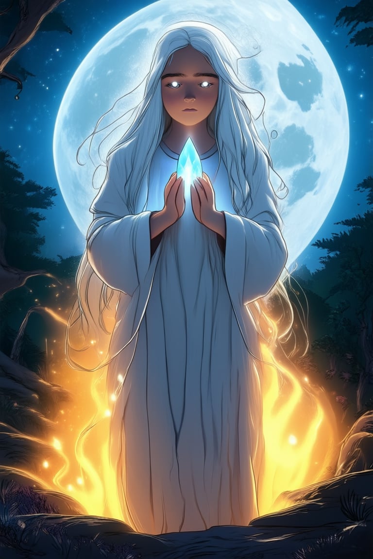 A mystical mama stands at the edge of a lush forest, her long silver hair blowing gently in the moonlit breeze. Her eyes gleam with an otherworldly wisdom as she gazes out at the mystical energies swirling around her. Her hands cradle a glowing crystal, its soft light illuminating her serene features.