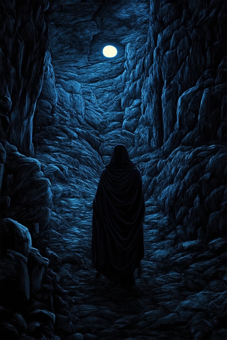 A mysterious figure shrouded in shadows stands before a faintly lit, ancient stone backdrop. The subject's face is obscured by a tattered veil, eyes gleaming like moonlit whispers as they gaze into the distance. The atmosphere is heavy with secrets, the air thick with the scent of forgotten truths.