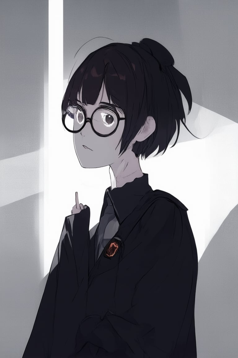 A serene digital illustration featuring Flat's iconic honor student Chara, positioned in a thought-provoking pose against a minimalist gray background with subtle gradient shadows. Soft white lighting casts a warm glow on her bespectacled face, highlighting her studious expression. The overall composition is centered around Chara, framing her as the focal point of the image.