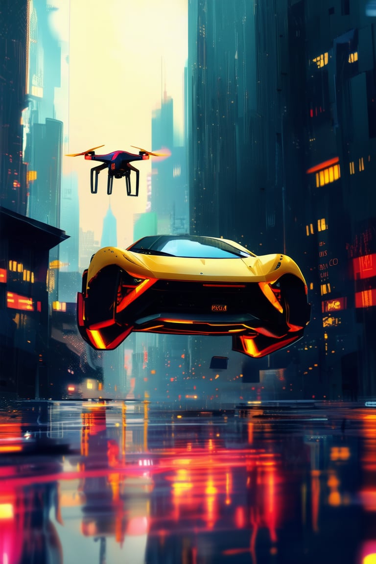 A futuristic cityscape at dusk, with sleek skyscrapers and neon lights reflecting off wet pavement. A hovering drone, with glowing propellers, hovers above a sleek sports car, its tires spinning in mid-air. The background is a blurred, vibrant cityscape, with towering buildings and bustling streets. Random design elements and patterns swirl around the central composition.