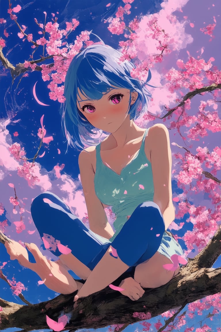 A vibrant digital artwork blending traditional anime aesthetics with modern MixStyle flair. In a dynamic composition, a young woman with striking features and vibrant hair sits cross-legged on a mystical tree branch, surrounded by swirling clouds of cherry blossom petals. Soft, gradient lighting casts a warm glow on her face, while bold, neon hues accentuate the mystical energy emanating from her hands.