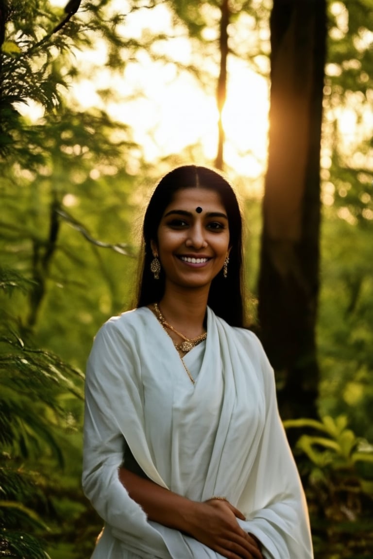 Mandana Koka's gentle smile softens against the warm glow of a sunset amidst a lush forest backdrop, her traditional attire rustling in the gentle breeze. The camera frames her from the waist up, the surrounding foliage a vibrant green and golden hue, with sunlight filtering through the leaves.