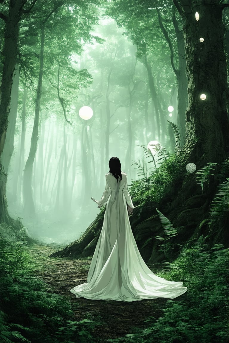 A dreamlike landscape unfolds: a misty forest floor with twisted roots and glowing orbs scattered among ferns. A lone figure in a flowing white gown stands amidst the eerie light, arms outstretched as if embracing the ethereal atmosphere. Soft focus, muted colors.