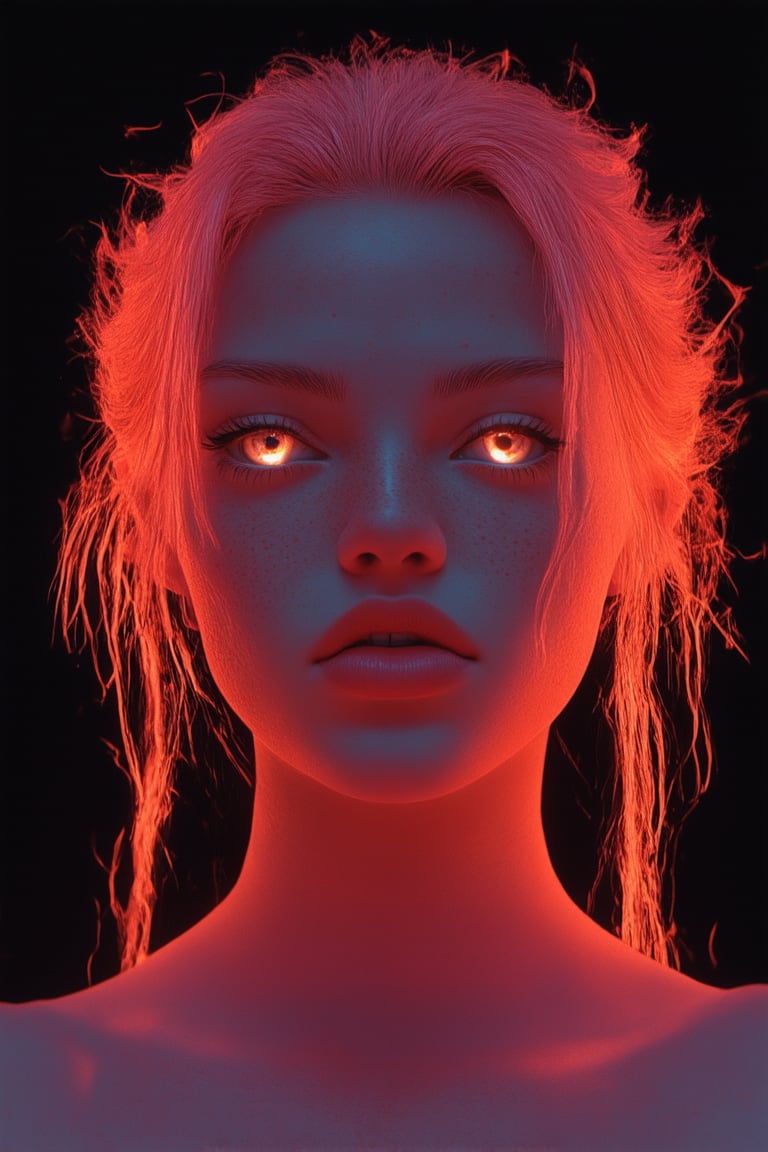 Close-up shot of a fiery pink-haired woman's determined face, illuminated by a bold spotlight. Her eyes blaze with intensity as she poses against a dark, matte-black background, the only pop of color coming from her vibrant locks that seem to pulse with energy. The camera captures every detail, from the delicate freckles on her cheeks to the sharp definition of her jawline.