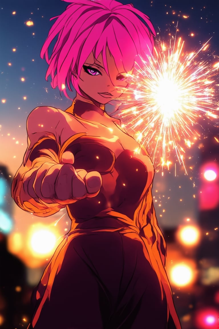 A kaleidoscope of colors explodes on screen as a dynamic figure stands in front of a blurred cityscape at dusk. The model's vibrant pink hair and bold outfit are lit by a warm, golden light that casts a mesmerizing glow on their skin. The framing of the shot emphasizes the subject's energetic pose, with one hand grasping a glowing orb and the other holding a sparkler.