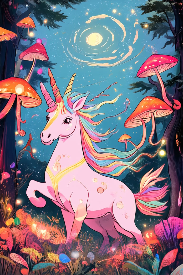 Whimsical illustration of fantastical creatures amidst a mystical forest, with towering trees adorned in twinkling lights and glowing mushrooms, as a curious unicorn with shimmering horn and flowing mane pauses amidst a swirl of colorful flat art magic, surrounded by vibrant hues and textures.